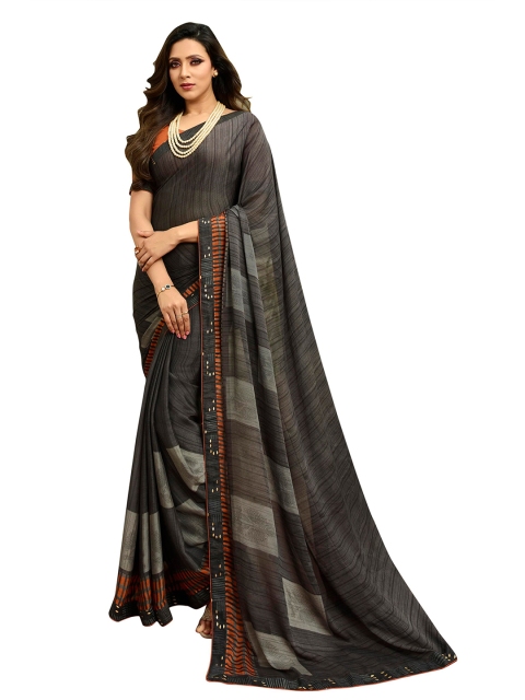 

VILAM Grey & Brown Striped Pure Georgette Block Print Saree