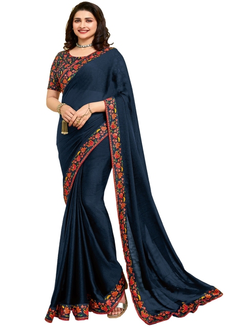 

VILAM Navy Blue & Red Pure Georgette Block Print Saree