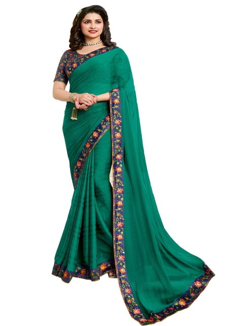 

VILAM Green & Blue Floral Pure Georgette Block Print Saree