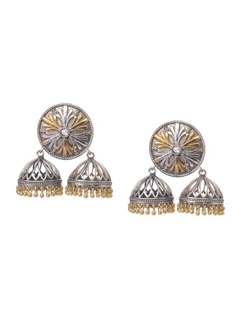 

INDYA Dual Tone Double Drop Jhumka Earrings, Silver