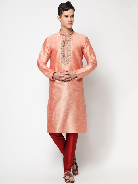 

LAGAAV Men Peach-Coloured Raw Silk Kurta with Pyjamas