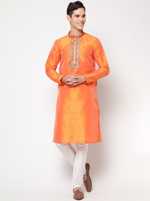 

LAGAAV Men Orange Yoke Design Raw Silk Kurta with Churidar