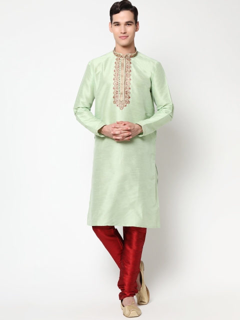 

LAGAAV Men Green & Golden Raw Silk Kurta with Churidar