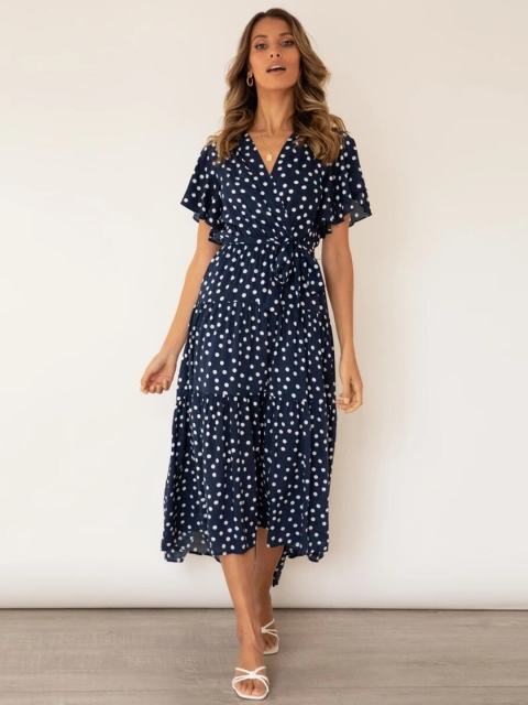 

La Aimee Women Navy Blue Polka Dotted Dress