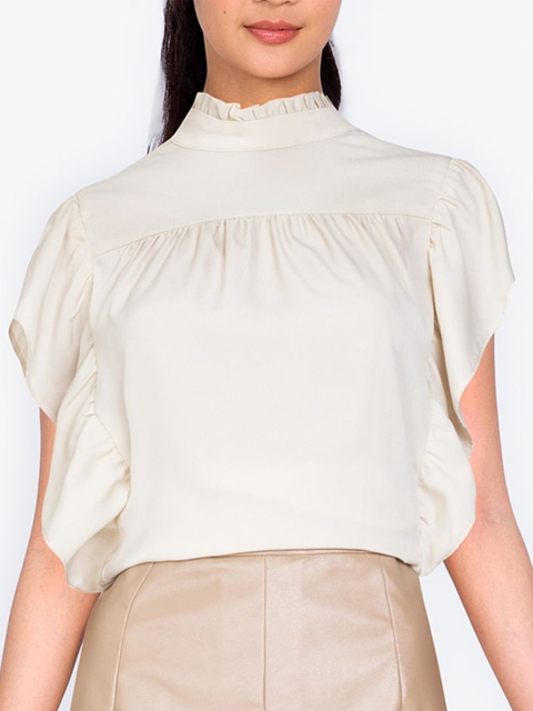 

ZALORA BASICS Beige High Neck Ruffle Sleeve Top