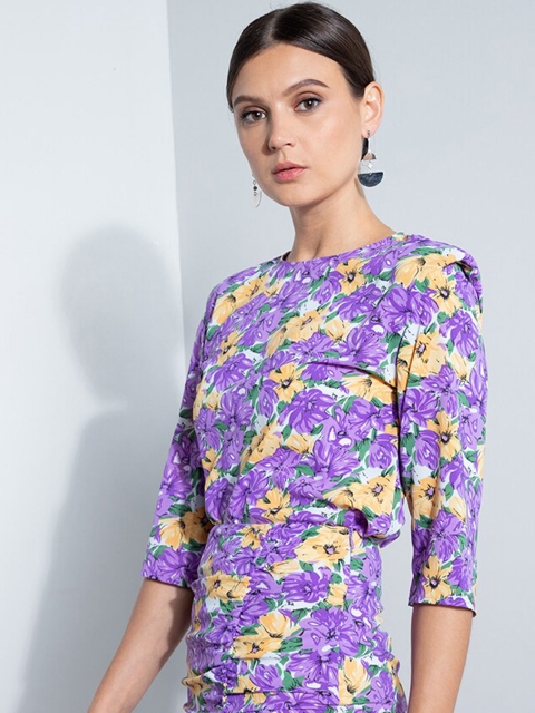 

ZALORA OCCASION Purple & Yellow Floral Printed Shoulder Pad Top