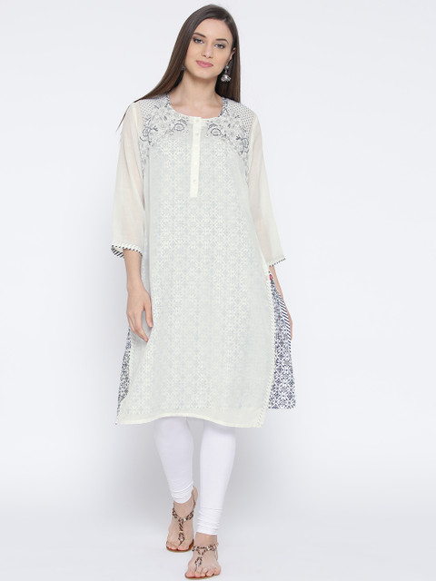 

Biba Women White Printed Layered Straight Kurta