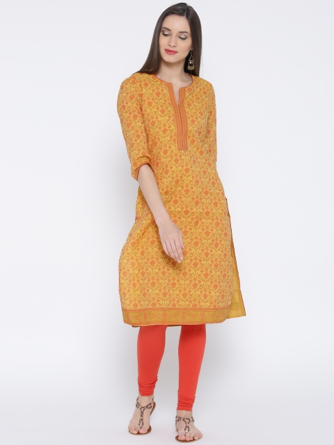 

Biba Women Mustard Yellow Printed Straight Kurta
