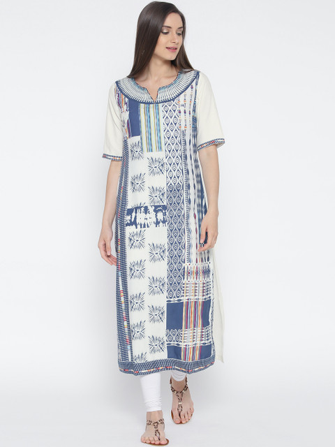 

Biba Women Off-White & Blue Printed Straight Kurta