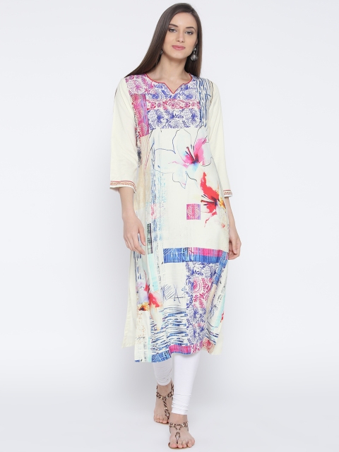 

Biba Women Off-White & Blue Printed Straight Kurta
