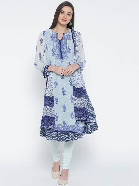 

Biba Blue & Mint Green Printed Layered A-Line Churidar Kurta with Dupatta