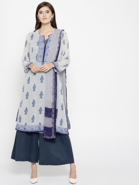 

Biba Women Blue Printed Kurta with Churidar & Dupatta