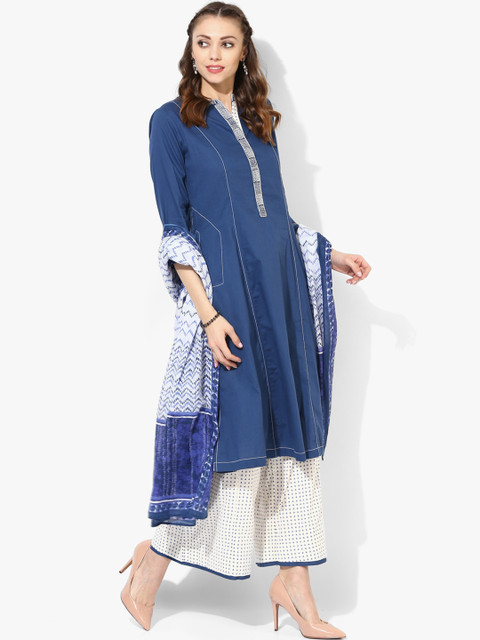 

Biba Women Navy Blue & White Printed Kurta with Palazzos & Dupatta