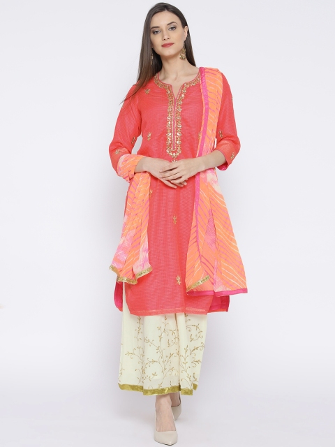 

Biba Coral Orange & Off-White Gotta Patti Kurta with Palazzos & Dupatta