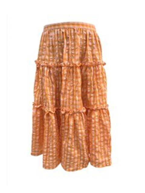 

ELEVEN.O.ONE Women Orange Checked Pure Cotton Tiered Midi Skirt