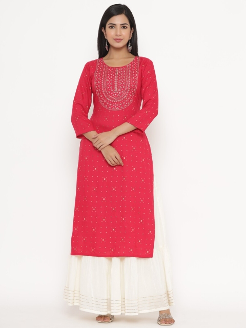 

JAVTA Women Pink Ethnic Motifs Embroidered Mirror Work Kurta