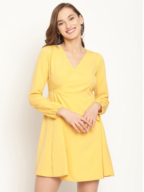 

COASTLAND Yellow Solid Crepe Wrap Dress