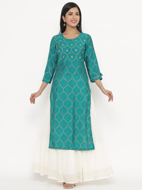 

JAVTA Women Turquoise Blue Geometric Embroidered Mirror Work Pure Cotton Kurta