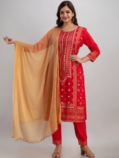 

Kurtipedia Women Red Ethnic Motifs Printed Kurta with Churidar & With Dupatta