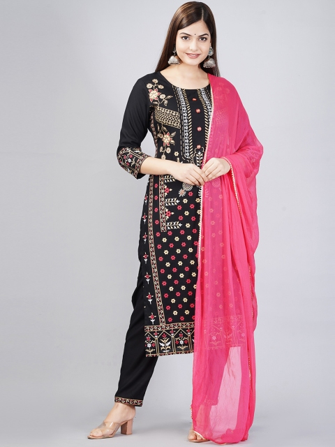 

Kurtipedia Women Black Ethnic Motifs Printed Kurta with Churidar & With Dupatta