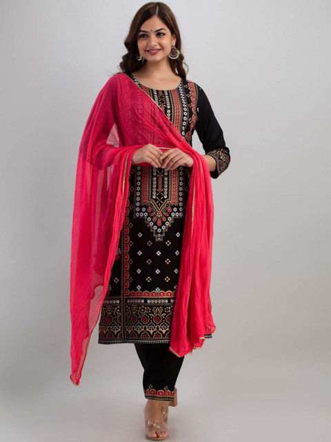 

Kurtipedia Women Black Ethnic Motifs Printed Kurta with Trousers & With Dupatta