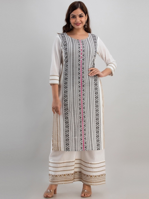 

Kurtipedia Women White Striped Patchwork Kurta with Palazzos & With Dupatta