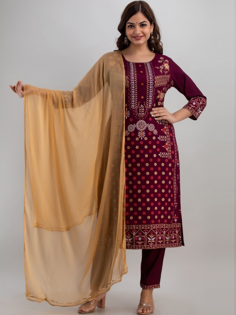 

Kurtipedia Women Burgundy Printed Kurta with Salwar & With Dupatta