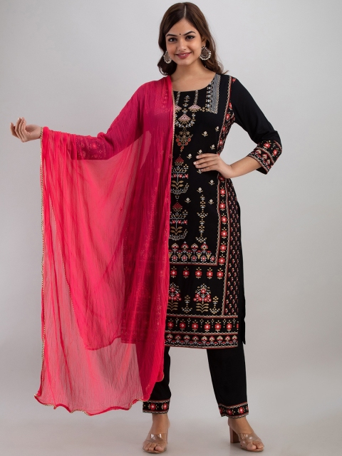 

Kurtipedia Women Black Patchwork Kurta with Churidar & With Dupatta