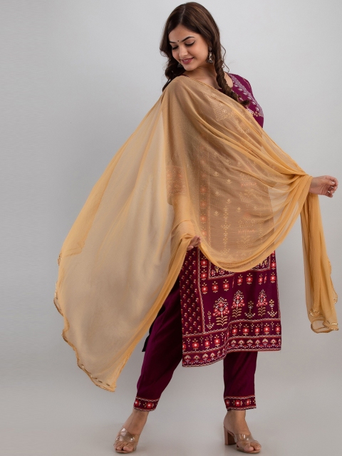 

Kurtipedia Women Burgundy Ethnic Motifs Printed Kurta with Churidar & With Dupatta