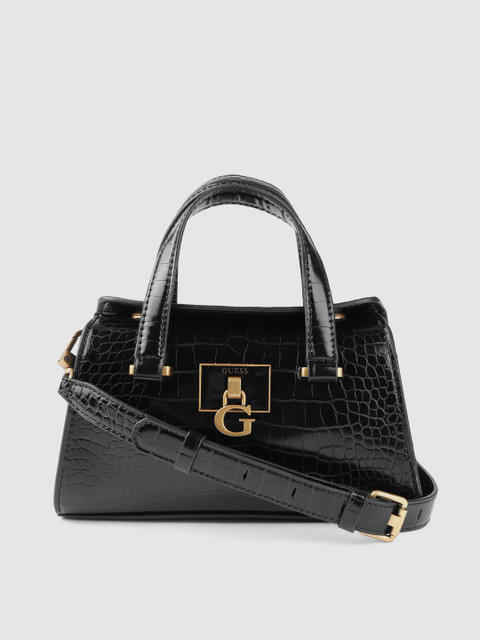 

GUESS Women Black Crocs Textured PU Structured Handheld Bag