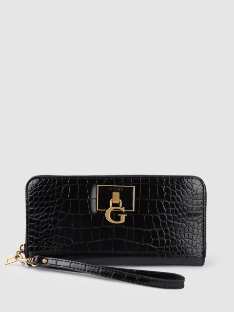

GUESS Women Black Crocs Textured Zip Around Wallet
