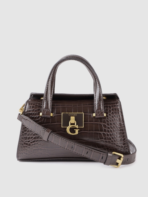 

GUESS Coffee Brown Croc Textured Handheld Bag with Detachable Sling Strap