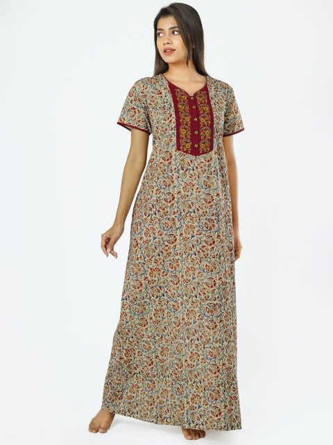 

Maybell Women Maroon Printed Cotton Maxi Nightdress