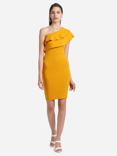 

Amrutam Fab Women Mustard Yellow One Shoulder Crepe Bodycon Dress