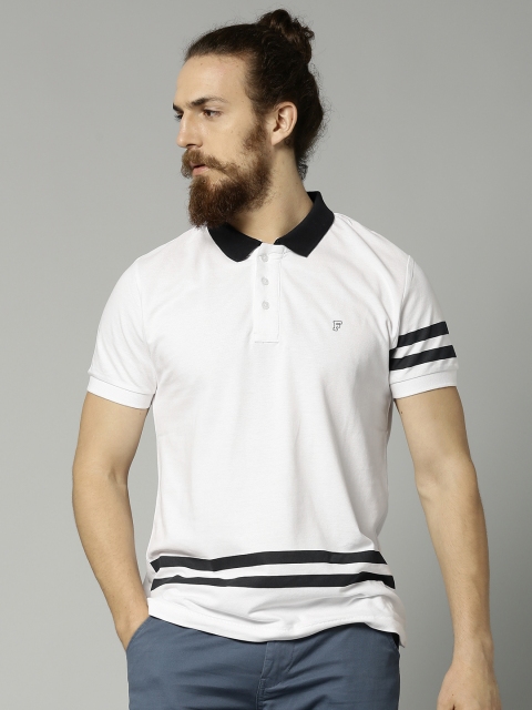 

French Connection Men White Striped Polo Collar T-shirt