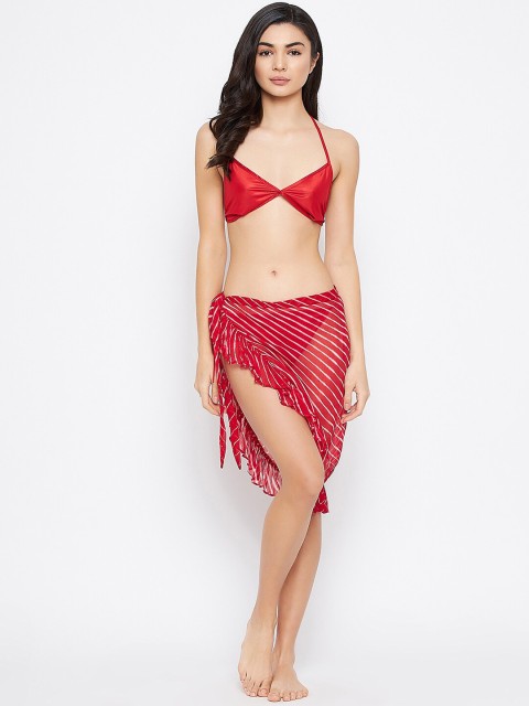 

SECRETS BY ZEROKAATA Women Red Solid Bikini Set With Printed Sheer Chiffon Sarong