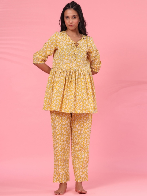 

JISORA Women Mustard Printed Night suit