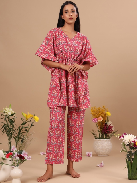 

JISORA Women Pink & Grey Printed Cotton Night Suit