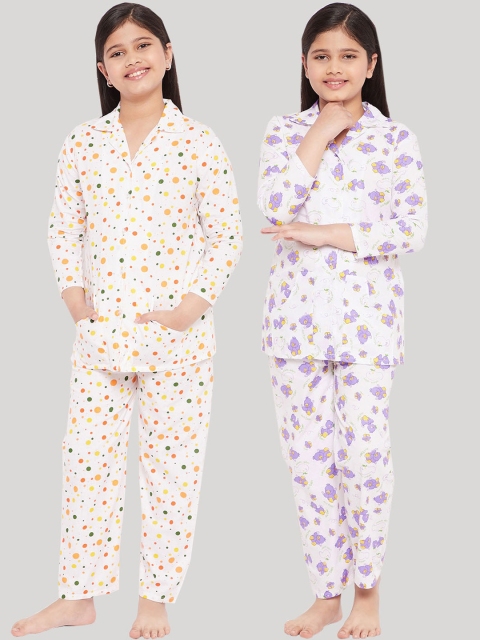 

KYDZI Girls Pack of 2 White & Purple Printed Cotton Night suit