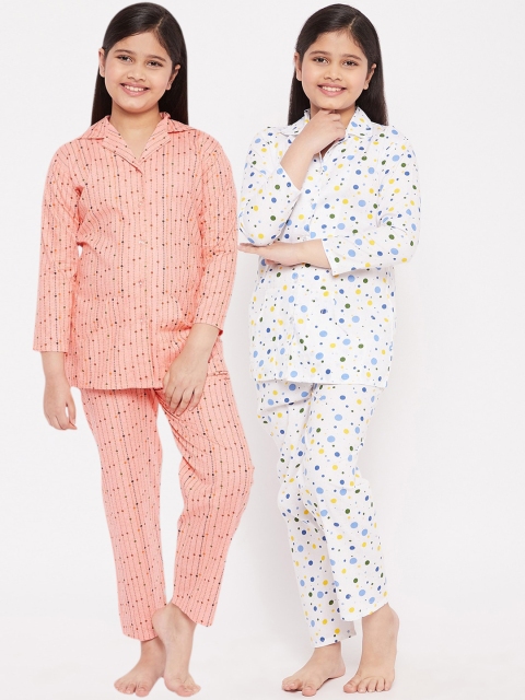 

KYDZI Girls Pack of 2 White & Peach-Coloured Printed Cotton Night suit