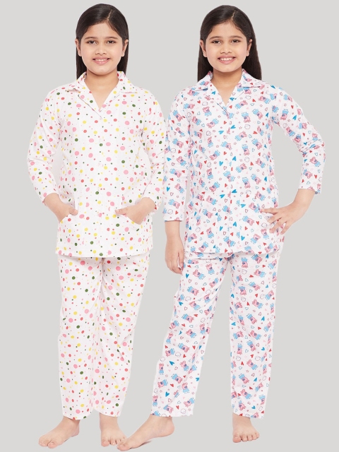 

KYDZI Girls Pack of 2 White Printed Pure Cotton Night Suit