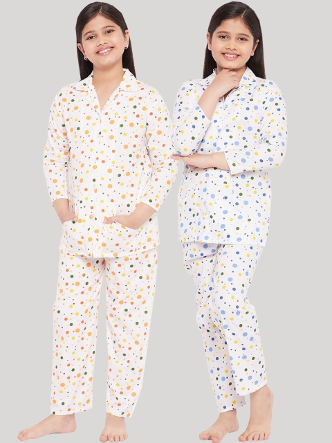 

KYDZI Girls White & Blue Set Of 2 Printed Cotton Night suit