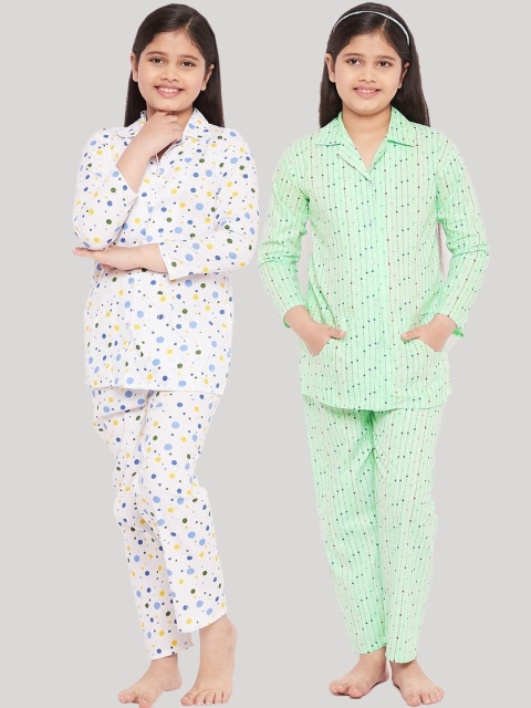 

KYDZI Girls White & Green Printed Night suit