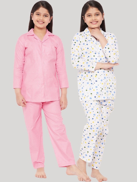 

KYDZI Girls Pink & White Printed Pure Cotton Night suit Pack Of 2