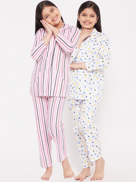 

KYDZI Girls Pack of 2 White & Pink Printed Cotton Night suit
