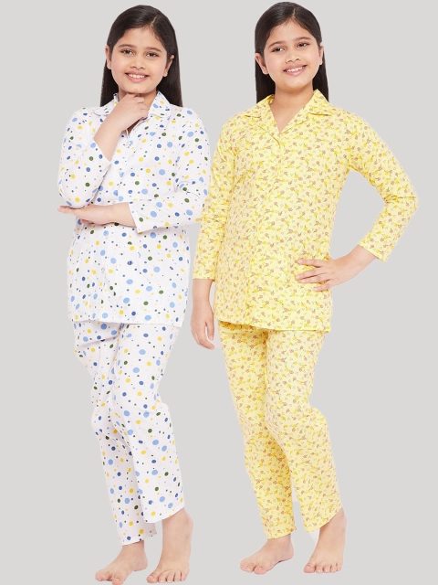

KYDZI Girls Yellow & White Pack of 2 Printed Pure Cotton Night suit