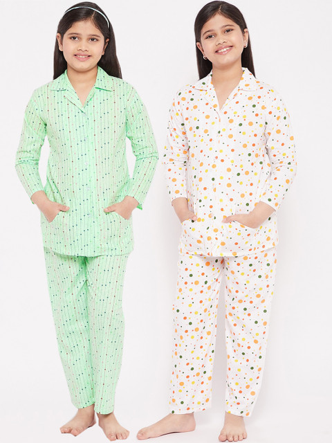

KYDZI Girls Set Of 2 Green & White Printed Pure Cotton Night suit
