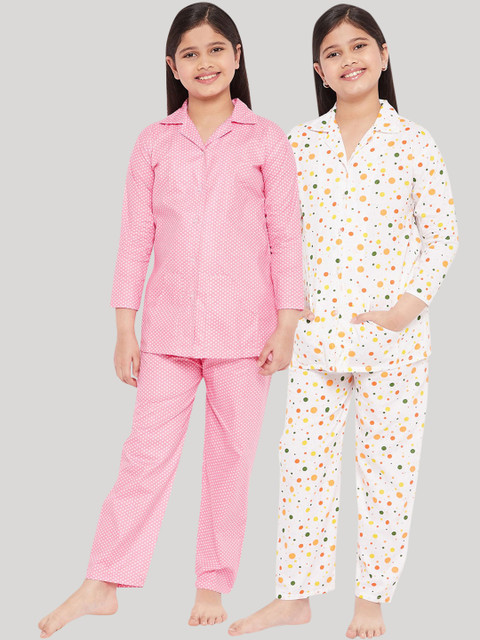 

KYDZI Girls White & White Set Of 2 Printed Cotton Night suit