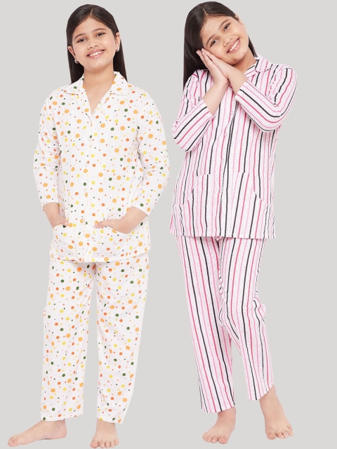 

KYDZI Girls Set Of 2 White & Yellow Printed Pure Cotton Night suit