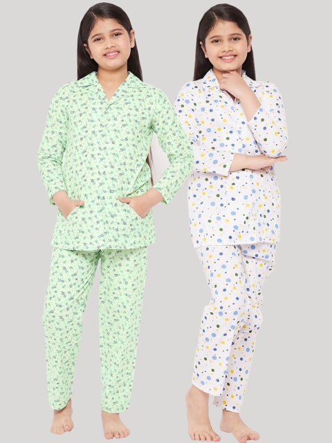 

KYDZI Girls Green & White Printed Night suit